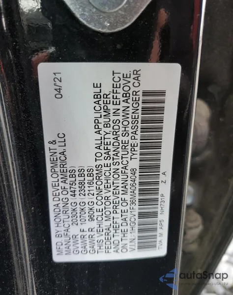 2021 Honda Accord Sport z USA, uszkodzony, nr VIN 1HGCV1F36MA064048
